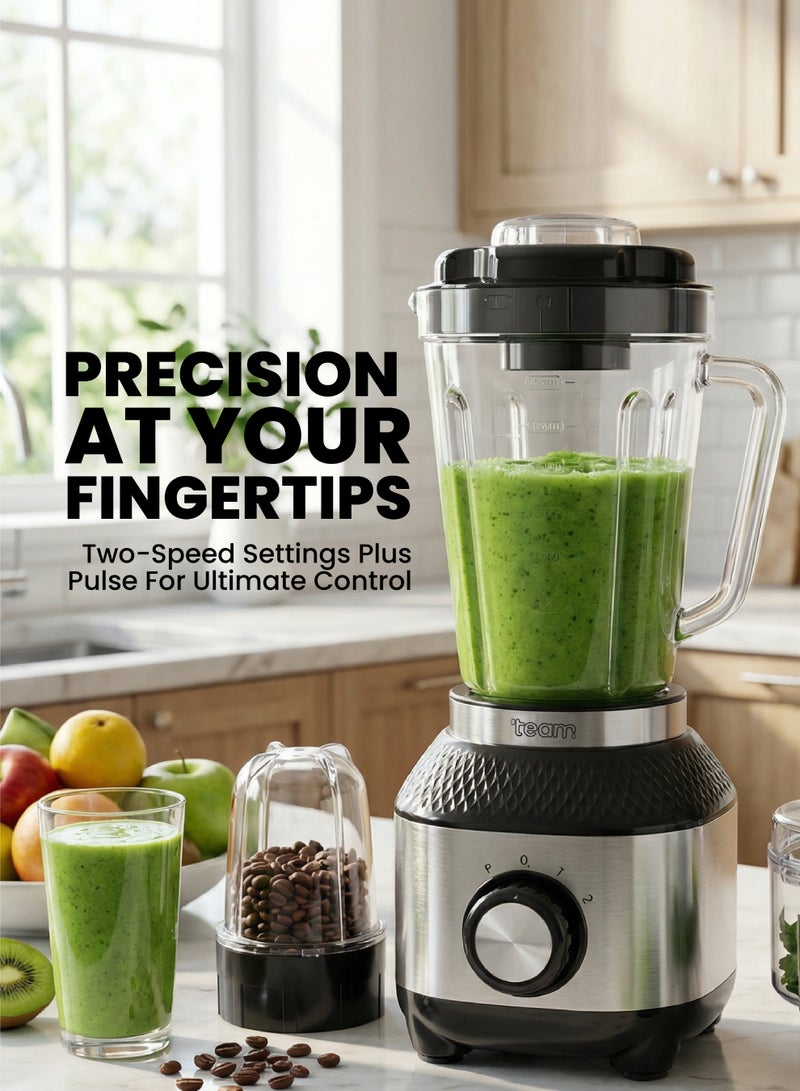 تيم TEAM Blender, 600W High-Performance Copper Motor, 1.8L Jar, 2-Speed with Pulse, Stainless Steel Blades, Dry & Wet Grinding Attachments - Image 4